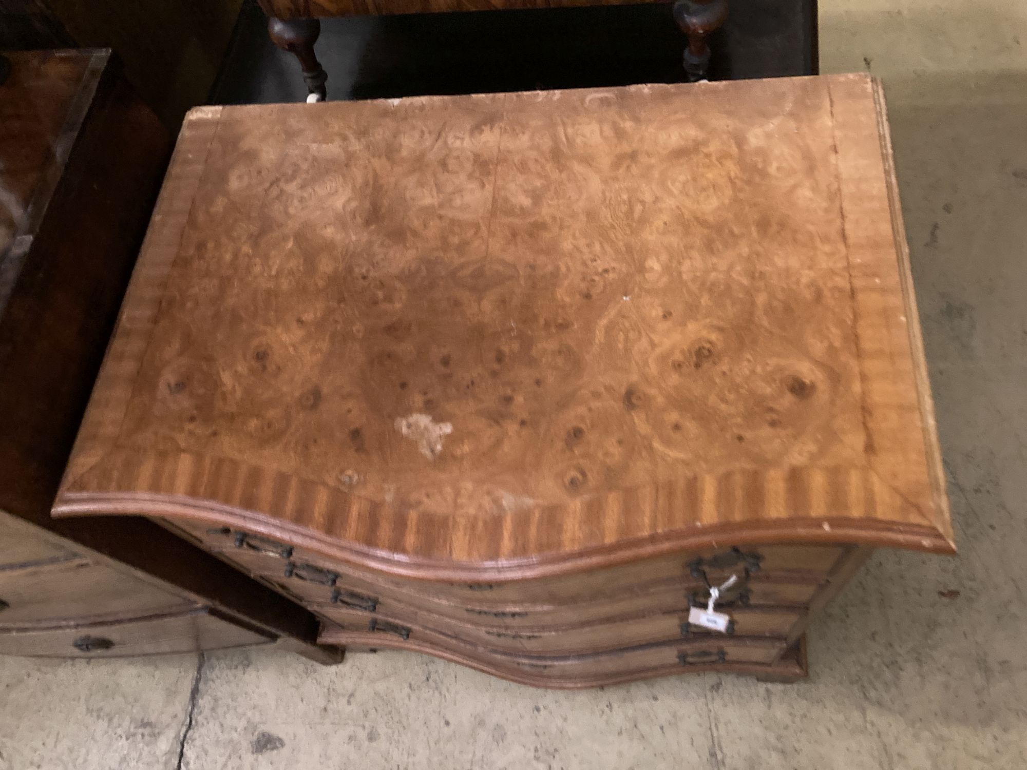 A George III style serpentine fronted, banded walnut chest, fitted four long drawers, width 70cm, depth 48cm, height 78cm